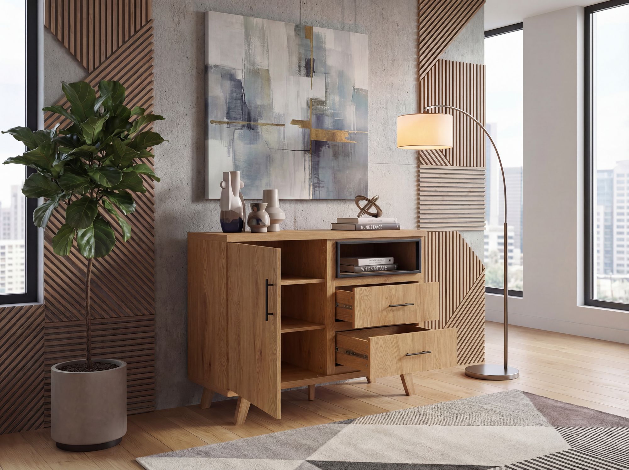 Sideboard Eiche Dekor 116cm Kommode mit Tür und 2 Schubladen – Bild 5