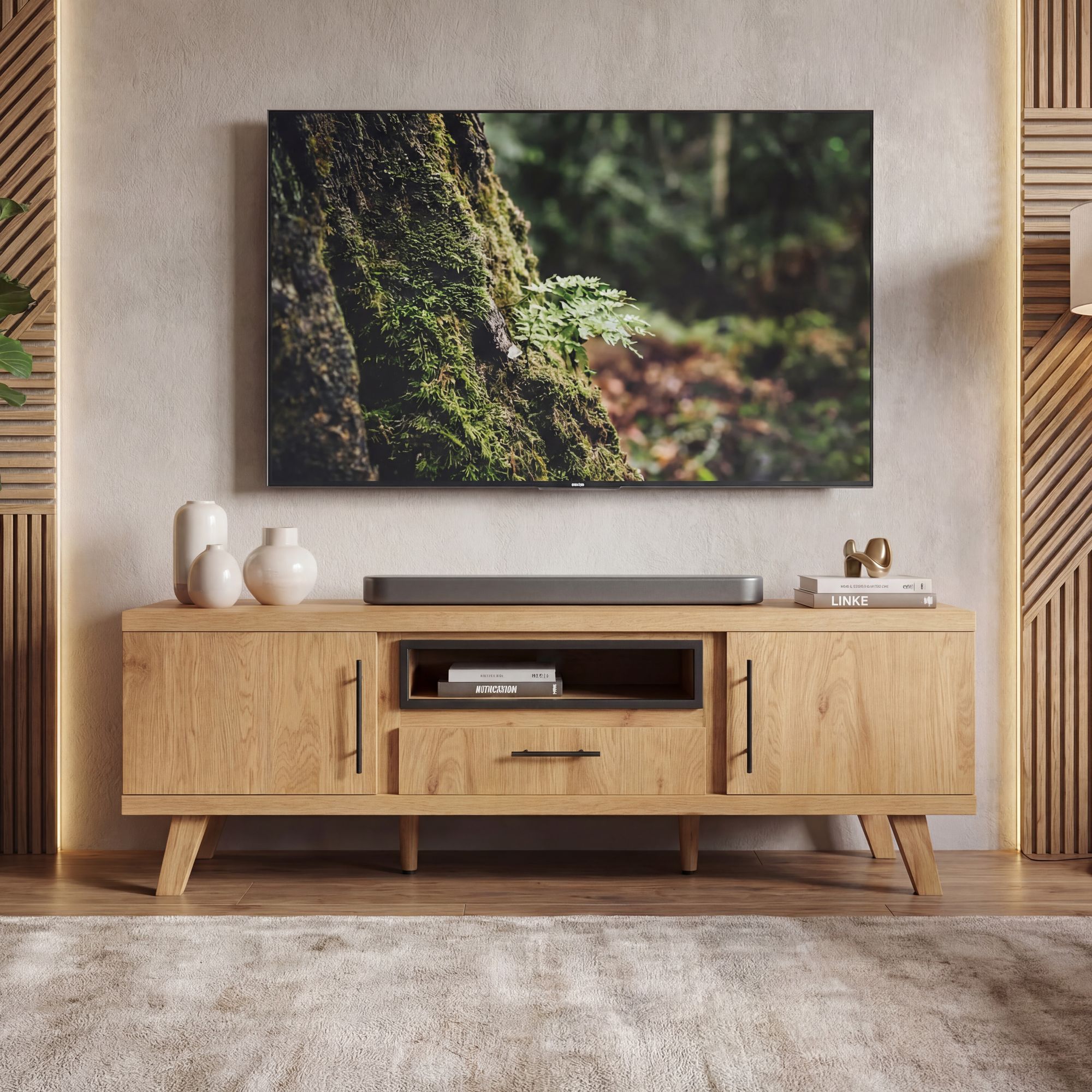 TV Lowboard 150cm Eiche Dekor Moderner Fernsehschrank mit 2 Türen – Bild 2