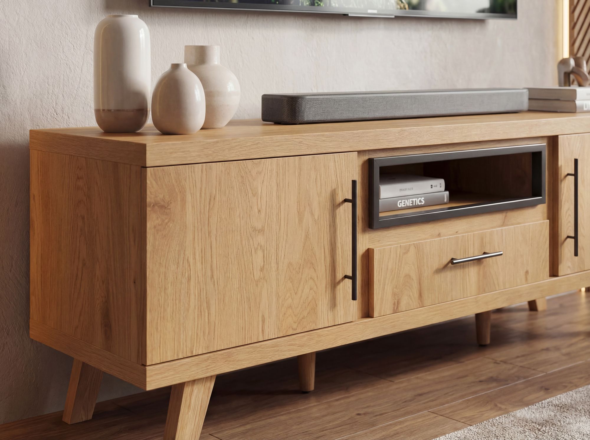 TV Lowboard 150cm Eiche Dekor Moderner Fernsehschrank mit 2 Türen – Bild 6