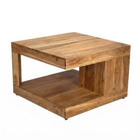Couchtisch Akazie Massivholz 60cm - Quadratischer Wohnzimmertisch mit Ablagefach -