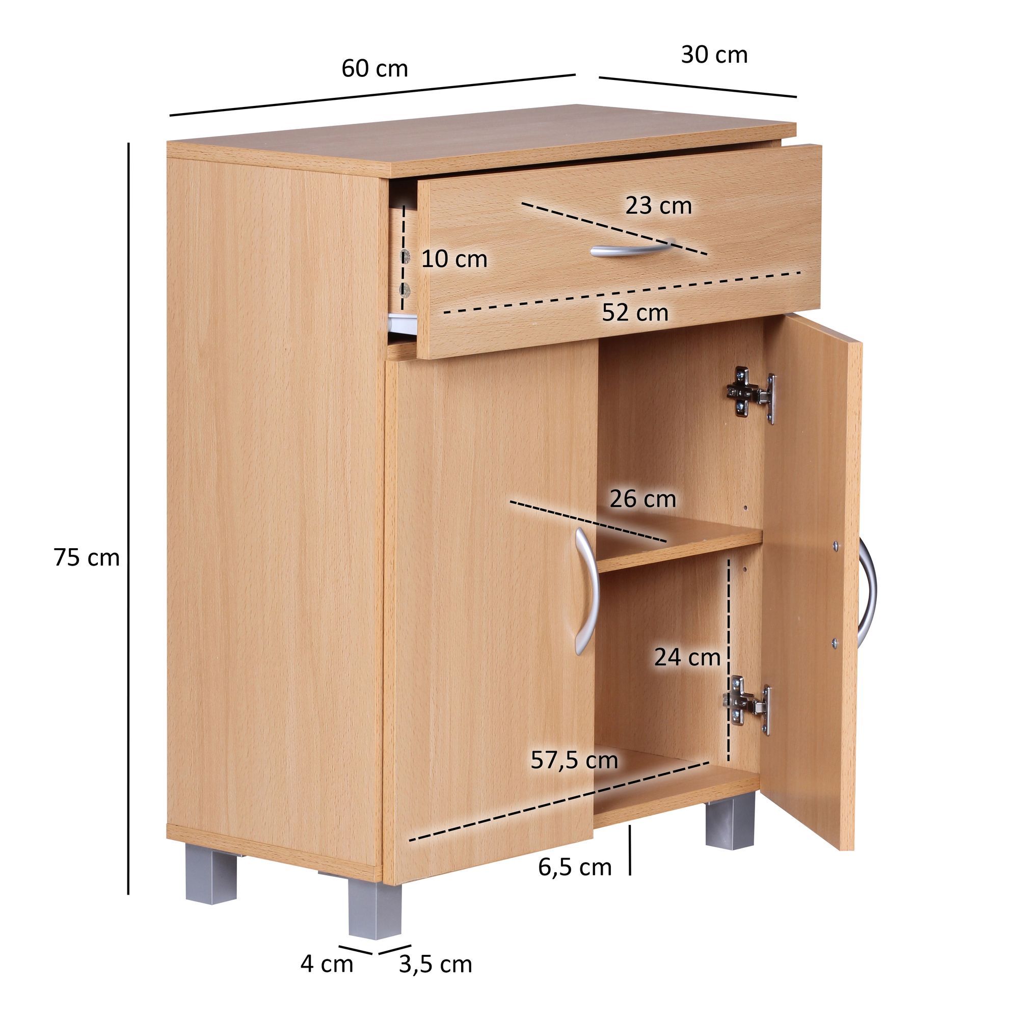 Schuhschrank mit Schublade und 2 Türen 60×75×30 cm Buche Optik – Bild 4