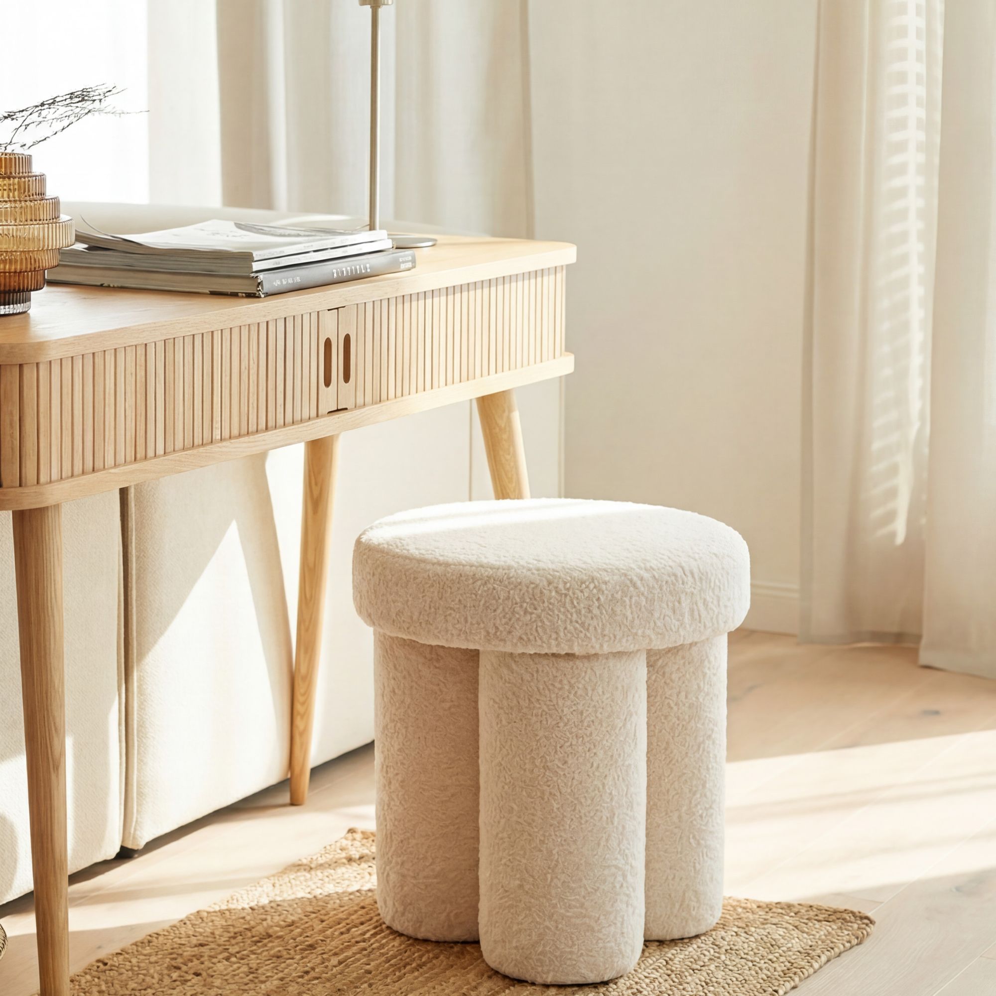 Sitzhocker Teddy Stoff 40cm Creme Rund Design Stoffhocker – Bild 2