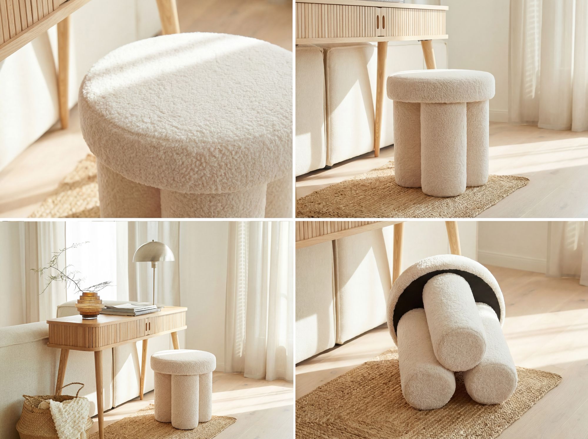 Sitzhocker Teddy Stoff 40cm Creme Rund Design Stoffhocker – Bild 5
