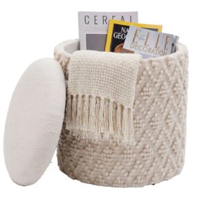 Sitzhocker mit Stauraum aus Wolle 40cm Creme Stoff Rund -
