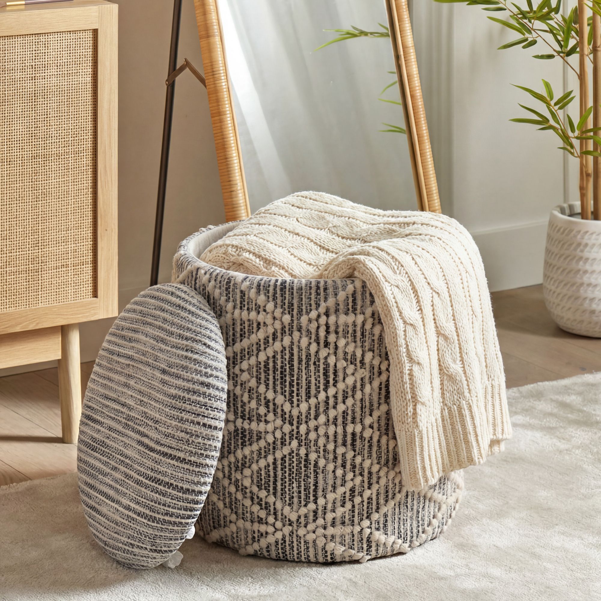 Sitzhocker mit Stauraum aus Stoff 40cm Grau Rund – Bild 2
