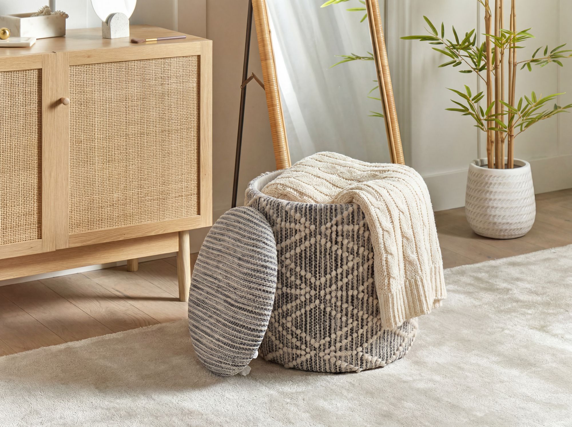 Sitzhocker mit Stauraum aus Stoff 40cm Grau Rund – Bild 3