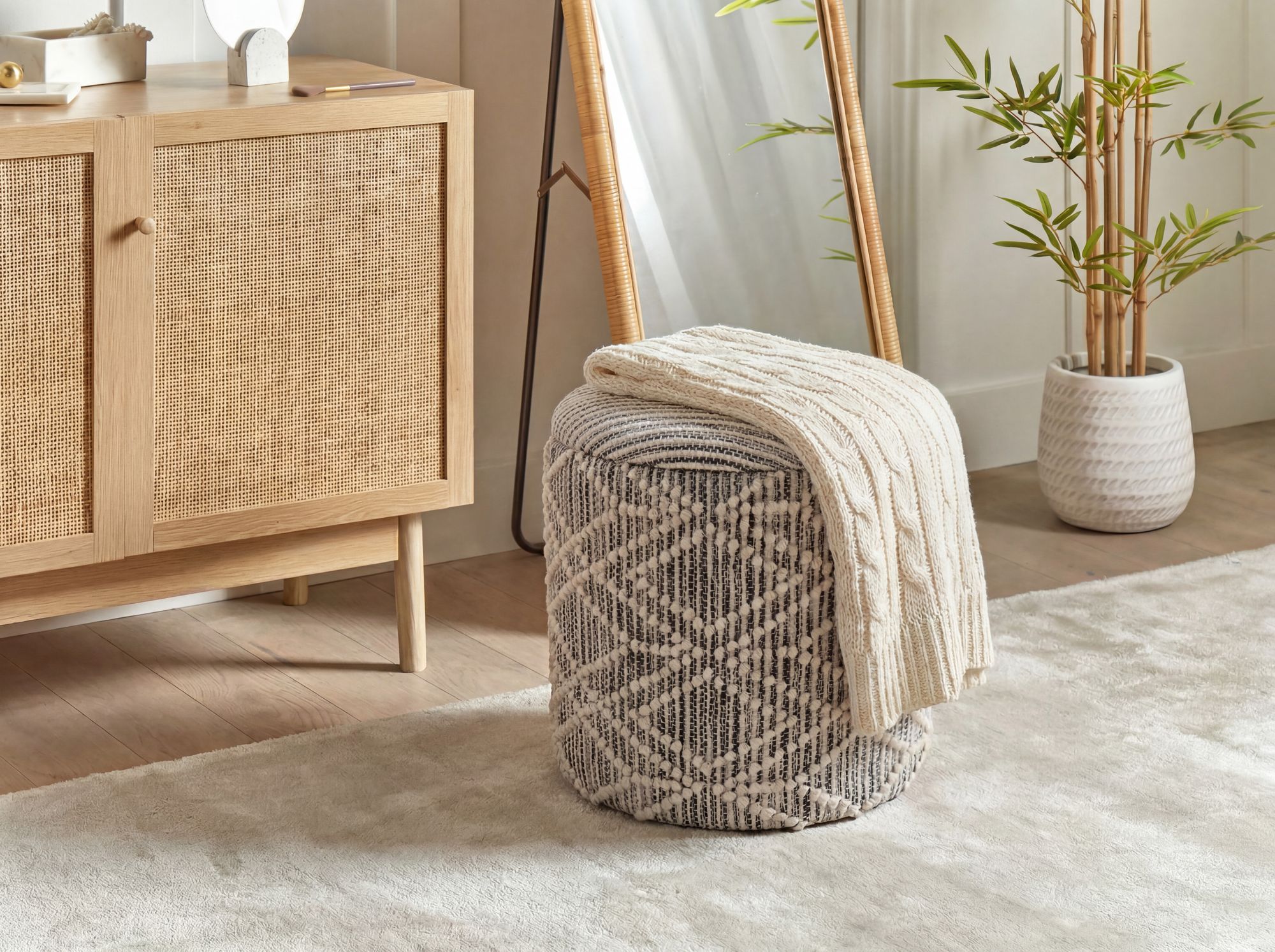 Sitzhocker mit Stauraum aus Stoff 40cm Grau Rund – Bild 6