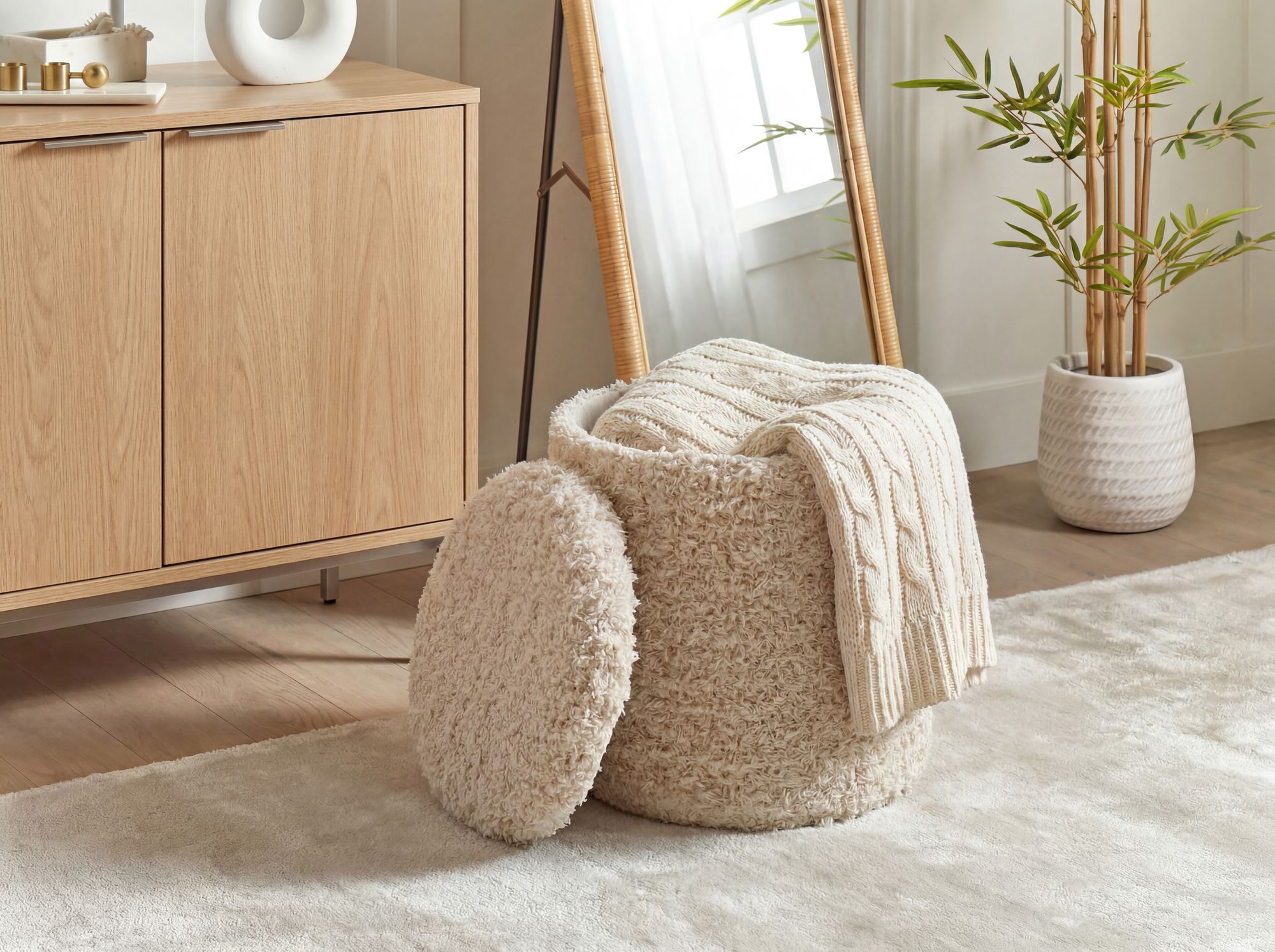 Sitzhocker mit Stauraum aus Wolle 40cm Beige Stoff Rund – Bild 3