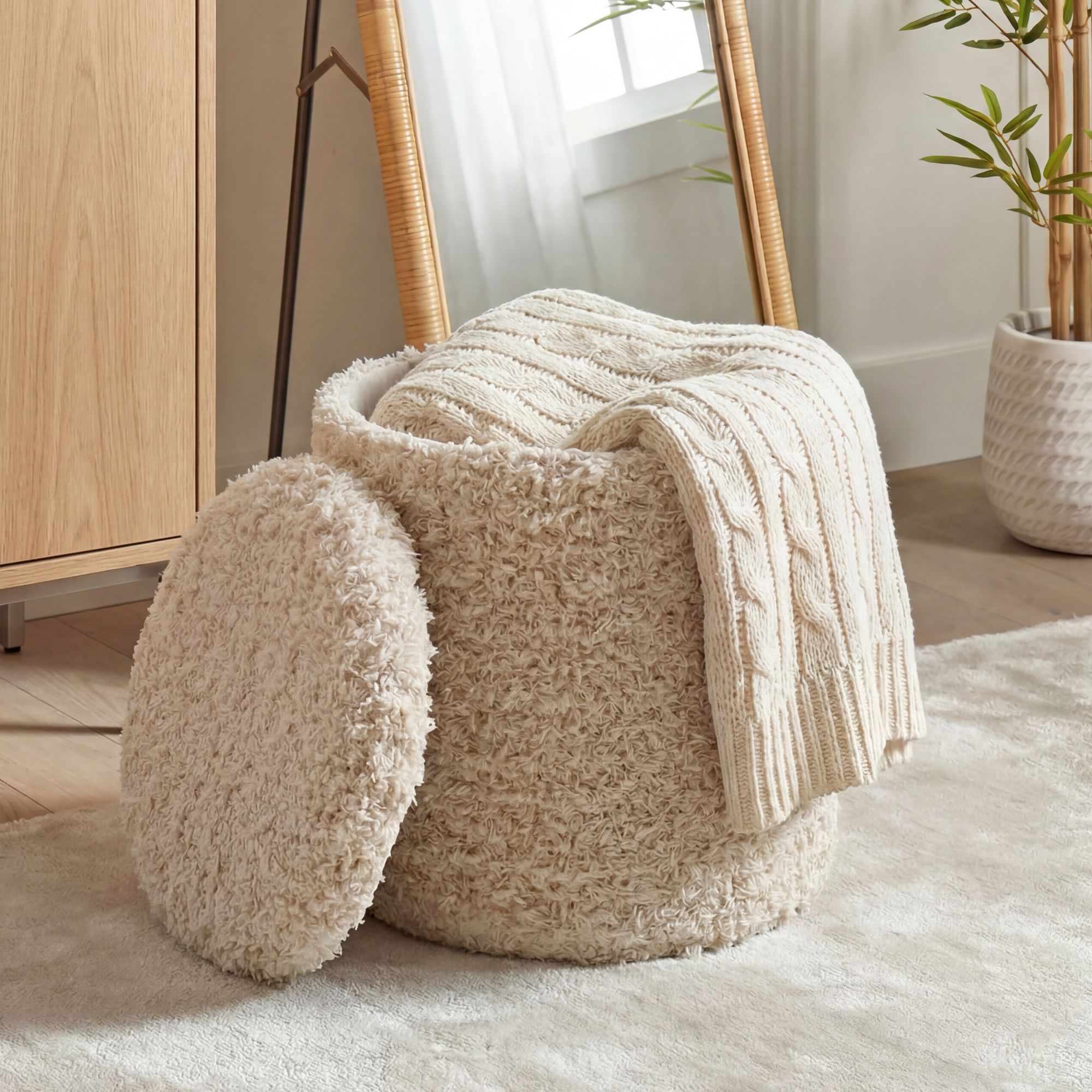 Sitzhocker mit Stauraum aus Wolle 40cm Beige Stoff Rund – Bild 2