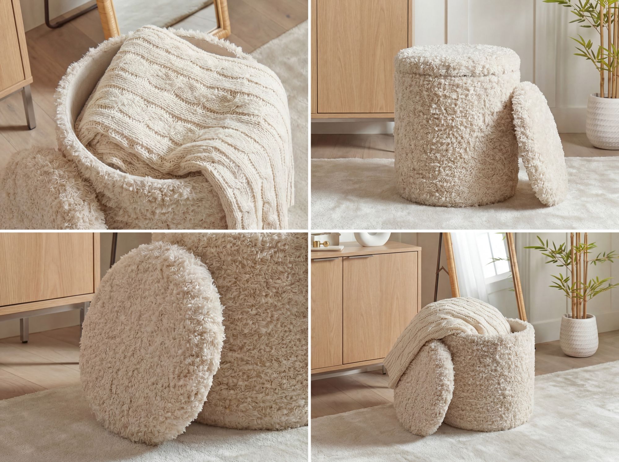 Sitzhocker mit Stauraum aus Wolle 40cm Beige Stoff Rund – Bild 5