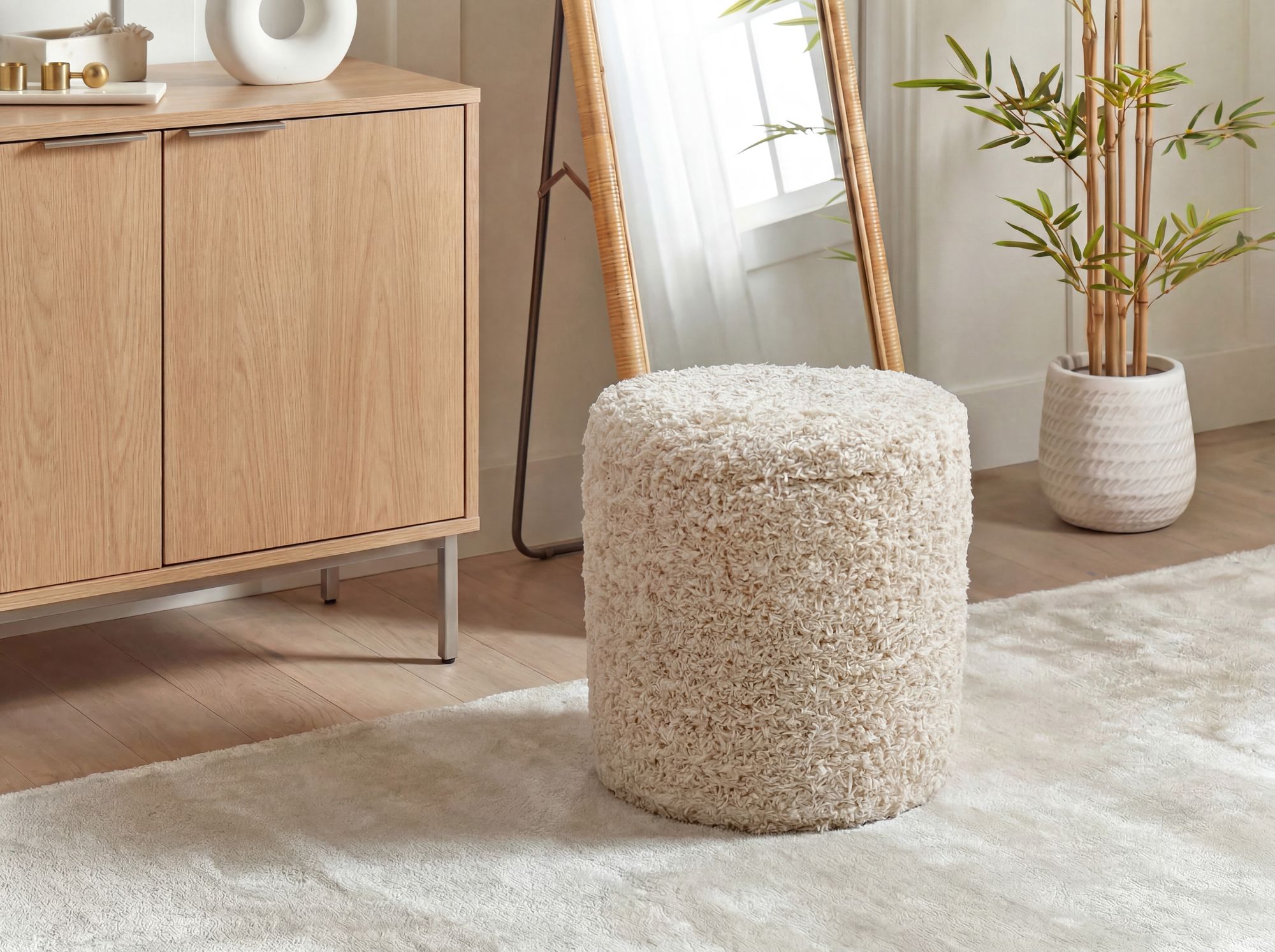 Sitzhocker mit Stauraum aus Wolle 40cm Beige Stoff Rund – Bild 6