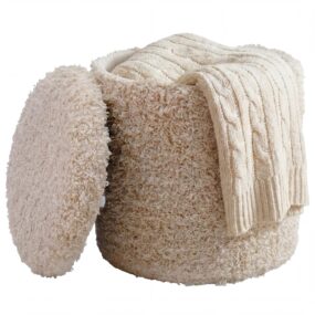 Sitzhocker mit Stauraum aus Wolle 40cm Beige Stoff Rund -