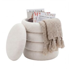 Sitzhocker mit Stauraum aus Teddy Stoff 40cm Creme Rund -