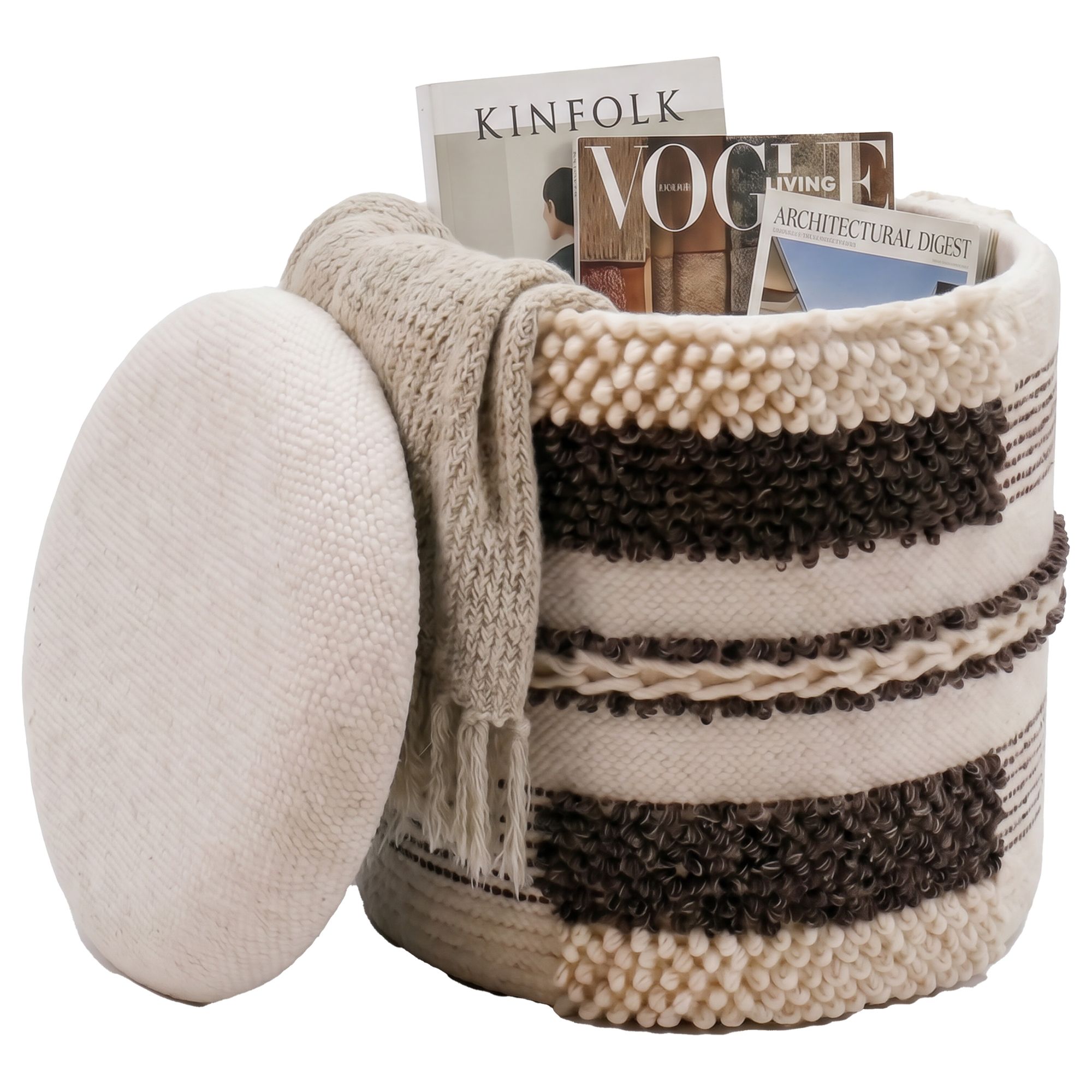 Sitzhocker mit Stauraum aus Wolle 40cm Beige Stoff Rund -