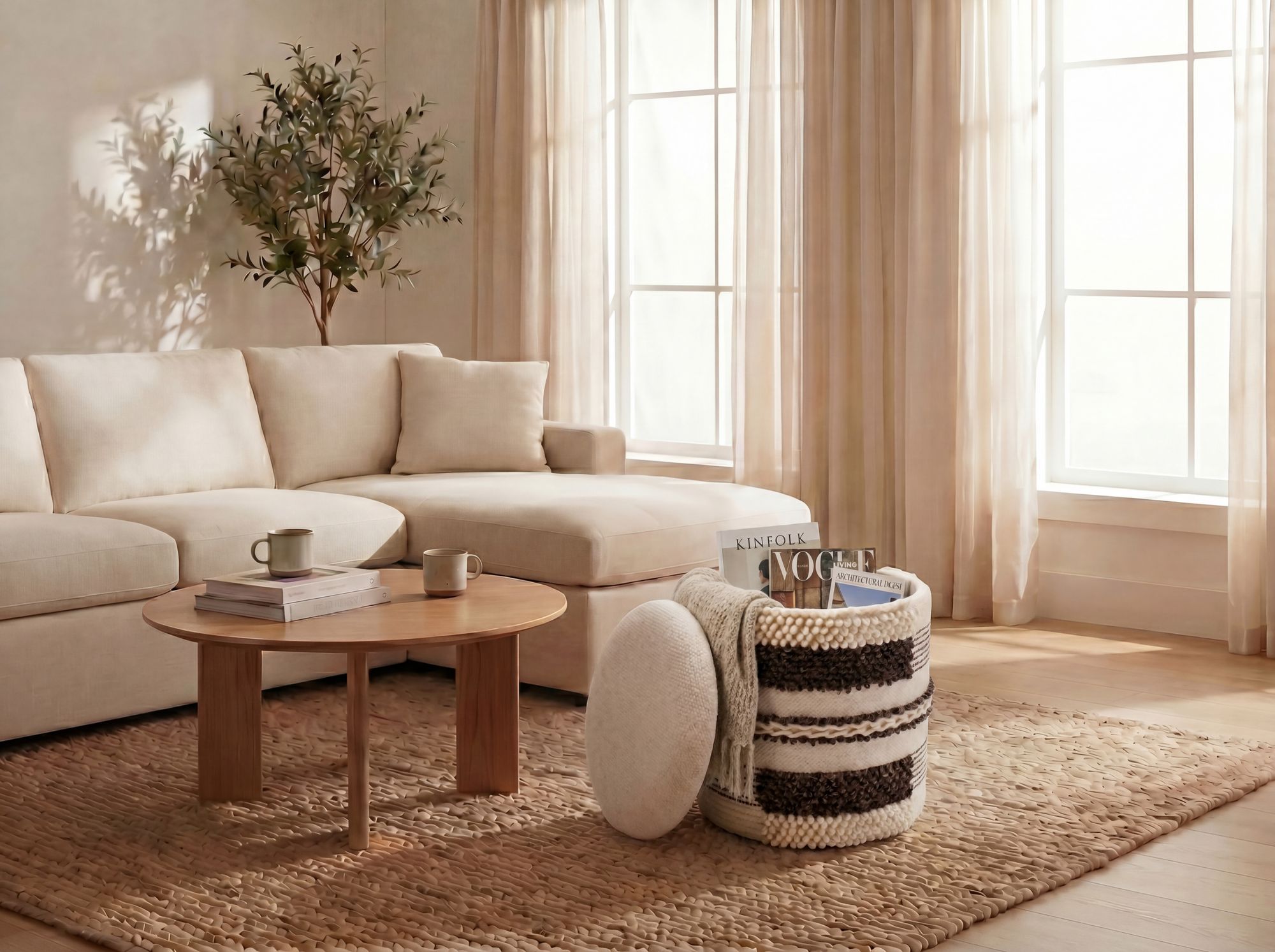 Sitzhocker mit Stauraum aus Wolle 40cm Beige Stoff Rund – Bild 3
