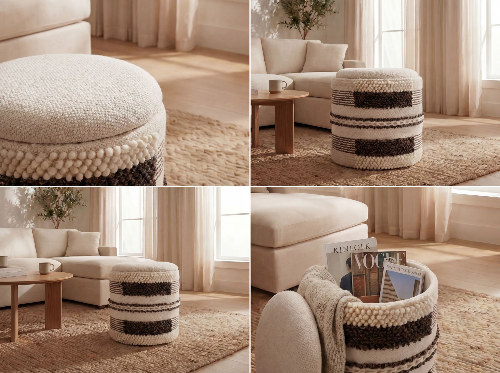 Sitzhocker mit Stauraum aus Wolle 40cm Beige Stoff Rund – Bild 5