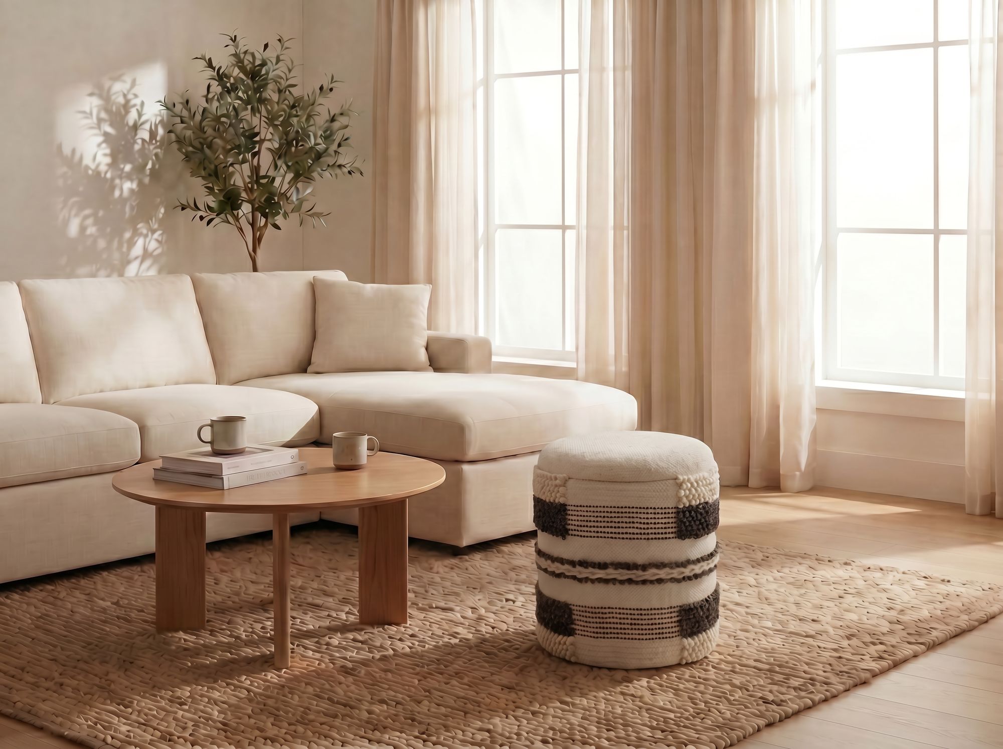Sitzhocker mit Stauraum aus Wolle 40cm Beige Stoff Rund – Bild 6