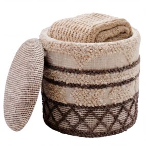 Sitzhocker mit Stauraum aus Wolle 40cm Beige Stoff Rund -