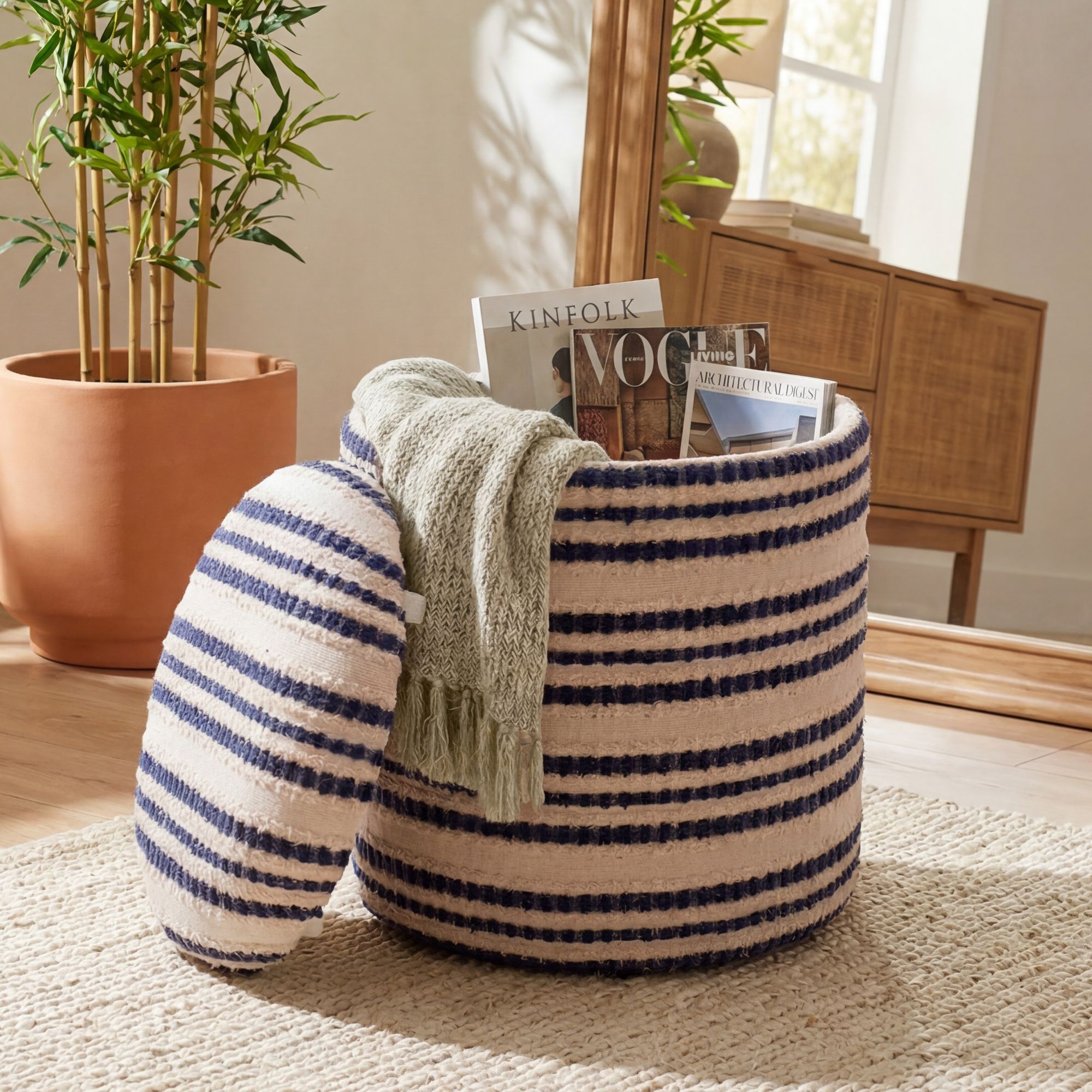 Sitzhocker mit Stauraum aus Baumwolle 40cm Beige Stoff Rund – Bild 2