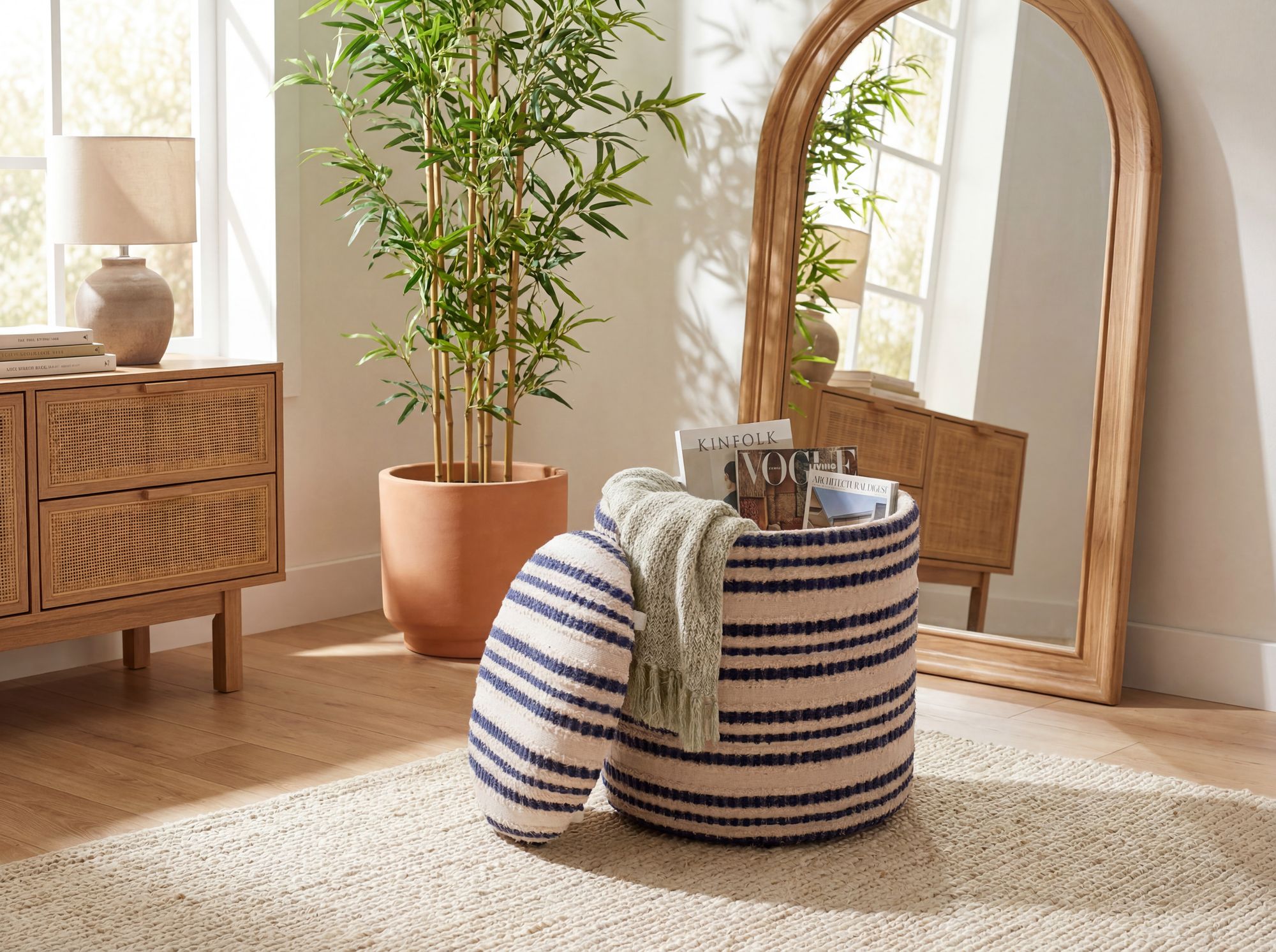 Sitzhocker mit Stauraum aus Baumwolle 40cm Beige Stoff Rund – Bild 3