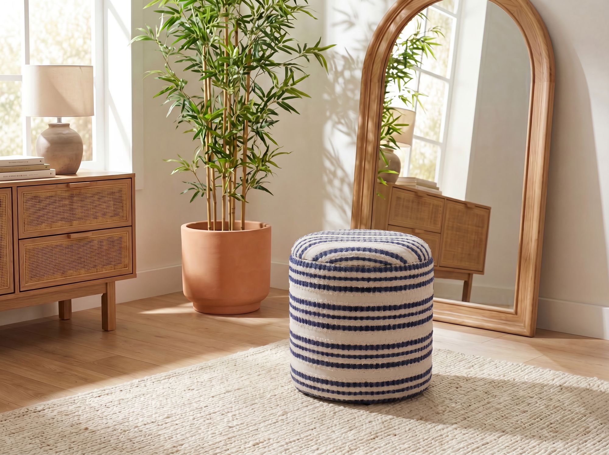 Sitzhocker mit Stauraum aus Baumwolle 40cm Beige Stoff Rund – Bild 6