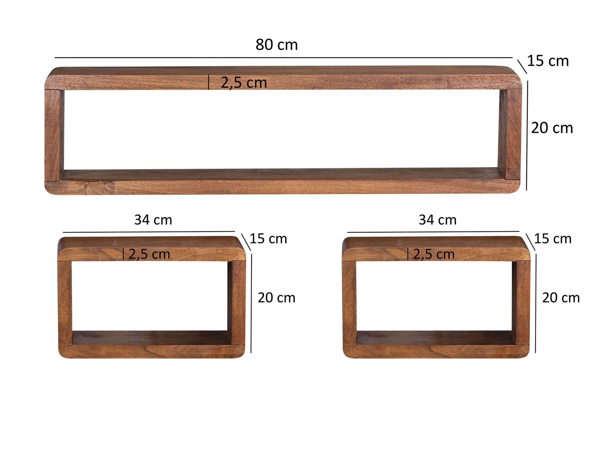 Standregal 3er Set Sheesham Massivholz Braun Rechteckig – Bild 4