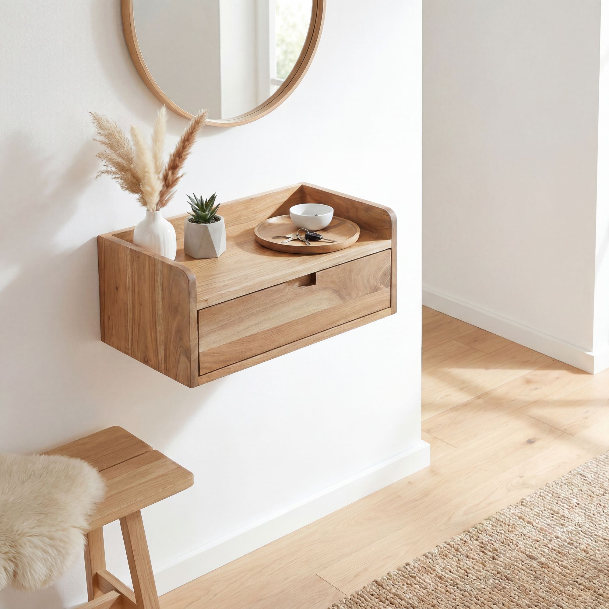 Wandregal Akazie Massivholz 45x30cm Schwebendes Regal mit Schublade – Bild 2