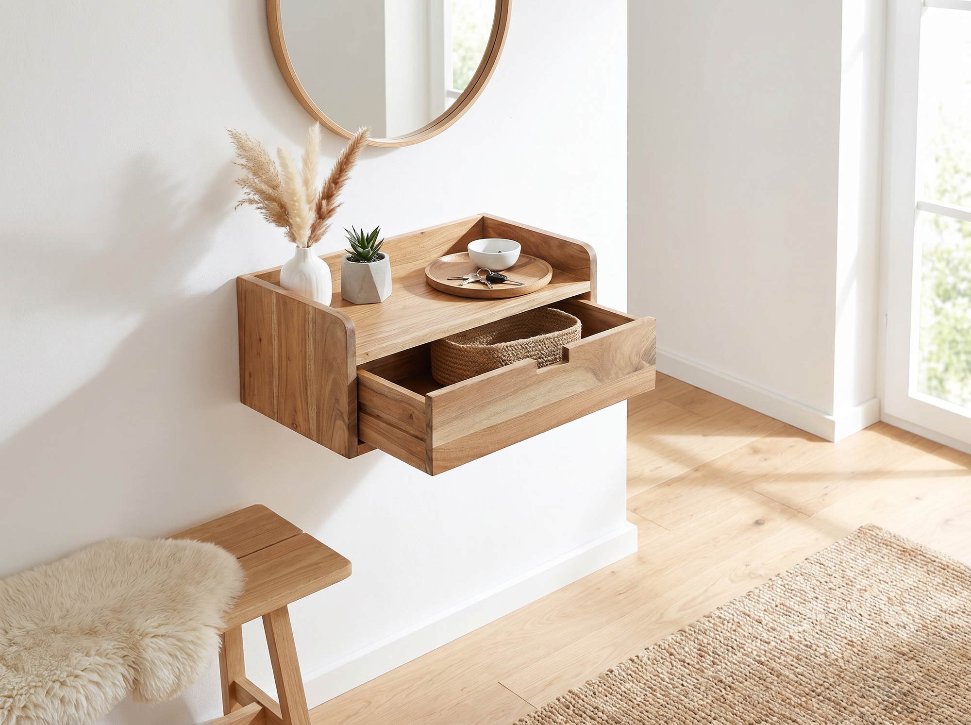 Wandregal Akazie Massivholz 45x30cm Schwebendes Regal mit Schublade – Bild 3