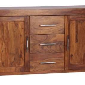 Sideboard Massivholz Sheesham Kommode 118 cm 3 Schubladen 2 Türen Design Highboard Landhaus-Stil braun natur