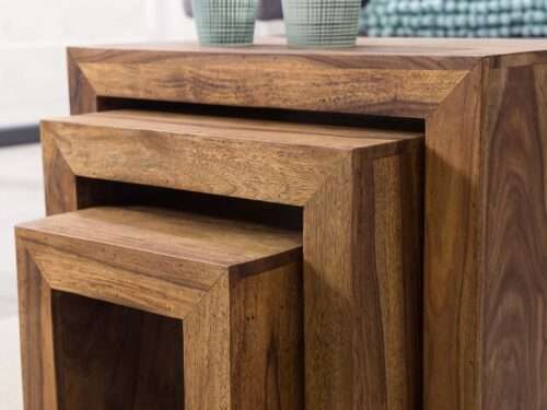 3er Set Satztisch Massiv-Holz Sheesham Wohnzimmer-Tisch Landhaus-Stil Beistelltisch dunkel-braun – Bild 5