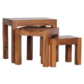 3er Set Satztisch Massiv-Holz Sheesham Wohnzimmer-Tisch Landhaus-Stil Beistelltisch dunkel-braun Naturholz