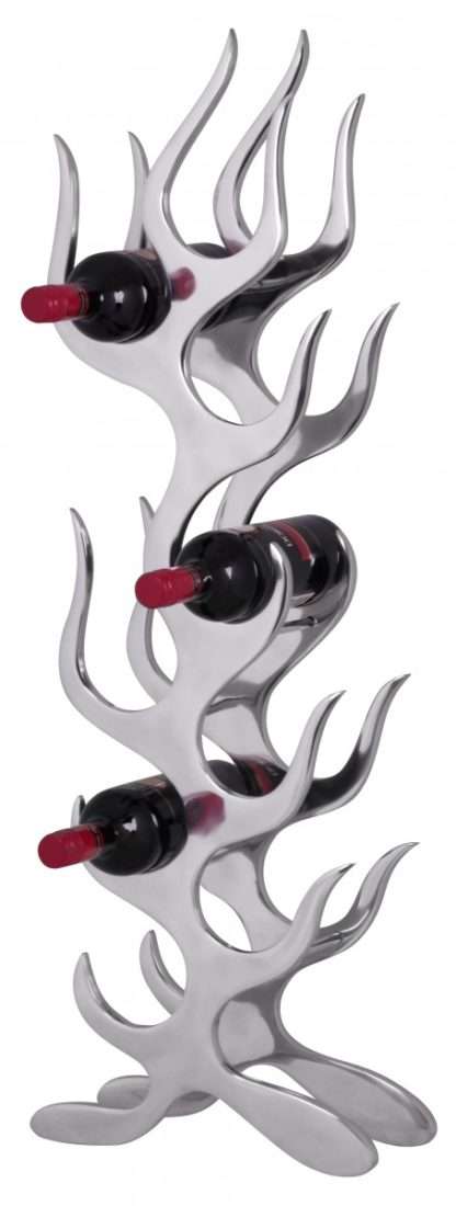 Design Aluminium Weinregal FLAMME für 9 Flaschen in Silber | 32 x 94 x 14 cm | Flaschenregal Flammenoptik | Metall Deko Wein-Flaschenhalter Regal Alu Flaschenständer