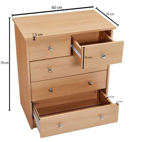 Design Holz-Kommode 60 x 70 x 35 cm buche mit 5 Schubladen Mehrzweckanrichte flach für Flur – Bild 4