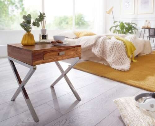Nachttisch GUNA Massiv-Holz Sheesham Nacht-Kommode 45 cm 1 Schublade mit Metallbeine – Bild 3