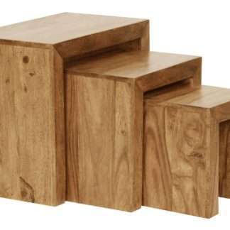 3er Set Satztisch MUMBAI Massiv-Holz Akazie Wohnzimmer-Tisch Landhaus-Stil Beistelltisch dunkel-braun Naturholz