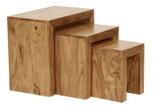 3er Set Satztisch MUMBAI Massiv-Holz Akazie Wohnzimmer-Tisch Landhaus-Stil Beistelltisch dunkel-braun Naturholz