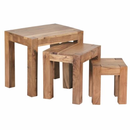 3er Set MUMBAI Satztisch Massiv-Holz Akazie Wohnzimmer-Tisch Landhaus-Stil Beistelltisch dunkel-braun Naturholz