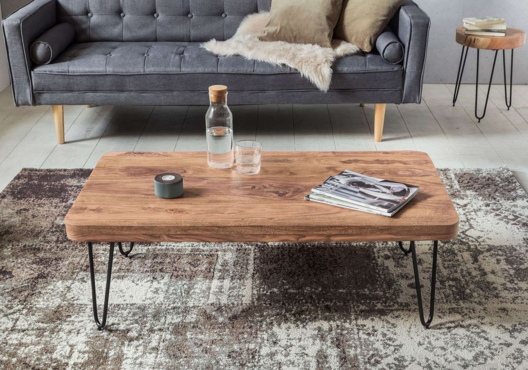 Couchtisch BAGLI Massiv Holz Akazie 20 cm breit Wohnzimmer Tisch Design  Metallbeine Landhaus Stil Beistelltisch