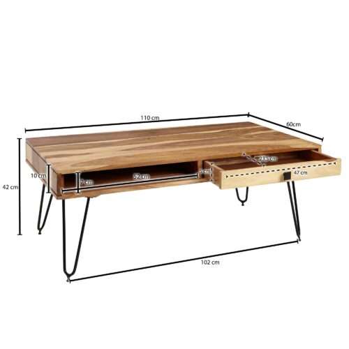 Couchtisch BAGLI Massiv-Holz Akazie 110 cm breit Wohnzimmer-Tisch Design Metallbeine – Bild 3