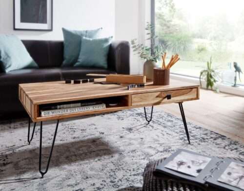 Couchtisch BAGLI Massiv-Holz Akazie 110 cm breit Wohnzimmer-Tisch Design Metallbeine – Bild 6