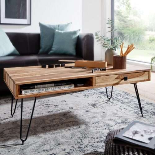 Couchtisch BAGLI Massiv-Holz Akazie 110 cm breit Wohnzimmer-Tisch Design Metallbeine – Bild 2