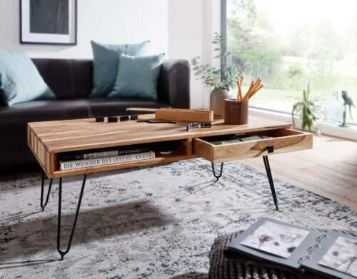 Couchtisch BAGLI Massiv-Holz Akazie 110 cm breit Wohnzimmer-Tisch Design Metallbeine – Bild 7