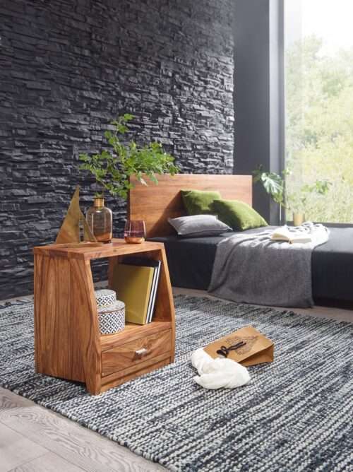 Nachttisch MUMBAI Massiv-Holz Sheesham Nacht-Kommode 53 cm 1 Schublade Ablage – Bild 3