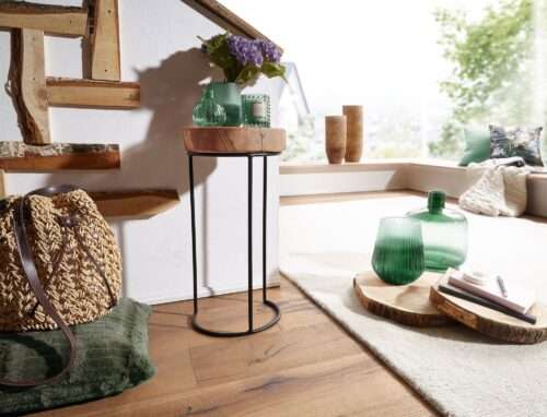 Beistelltisch AKOLA Massiv-Holz Akazie Wohnzimmer-Tisch Metallbeine Landhaus-Stil Baumstamm-Form – Bild 3