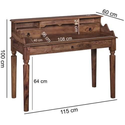 Schreibtisch Massivholz Sheesham Sekretär 115 x 100 x 60 cm mit 3 Schubladen – Bild 4