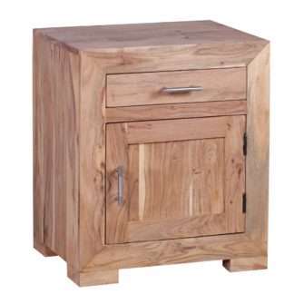 Nachttisch MUMBAI Massivholz Akazie Design Nachtkommode 60 cm mit Schublade und Tür Nachtschrank für Boxspringbett