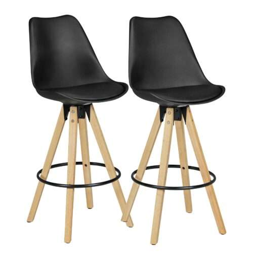 2er Set Barhocker LIMA Schwarz Retro Design Kunstleder Holz mit Lehne | Design Barstuhl Retro Skandinavisch 2 Stück | Tresenhocker Sitzhöhe 77 cm