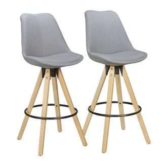 2er Set Barhocker LIMA Grau Retro Design Stoff Holz mit Lehne | Design Barstuhl Retro Skandinavisch 2 Stück | Tresenhocker Sitzhöhe 77 cm