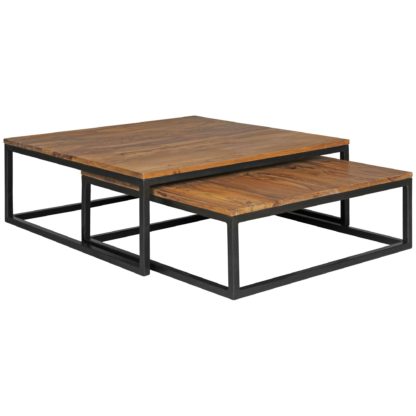 Couchtisch AKOLA 2-teilig Massivholz 75 x 75 x 27 cm | Design Wohnzimmertisch Sheesham Holz | Wohnzimmer Lounge Tisch Palisander Massiv mit Metall Beinen
