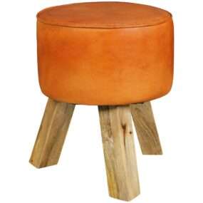 Design Sitzhocker Holz 37x45x37 cm Modern Fußhocker Rund | Turnbock Lederhocker Holzbeine | Kleiner Hocker Massivholz mit Leder Gepolstert  | Holzhocker mit Echtleder Braun